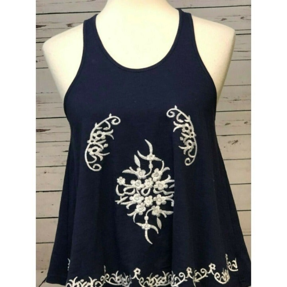 inTu Tank Top Womens Small Navy‎ Blue Embroidered Boho Racerback Sleeveless